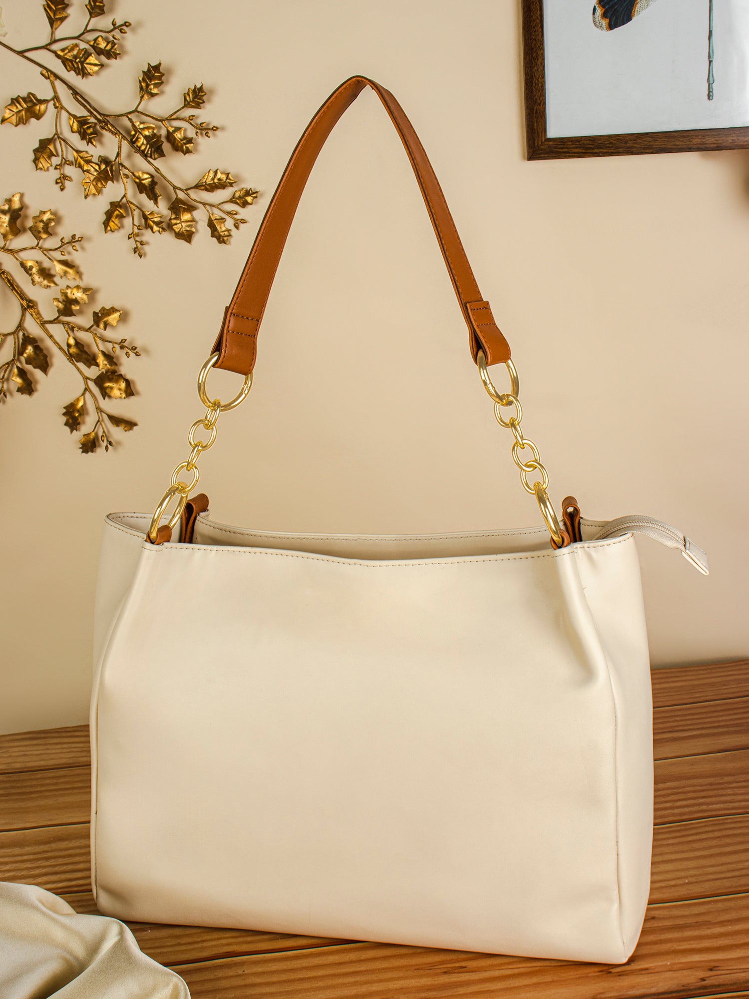 Women Solid Beige PU Detachable Sling Strap Structured Handheld