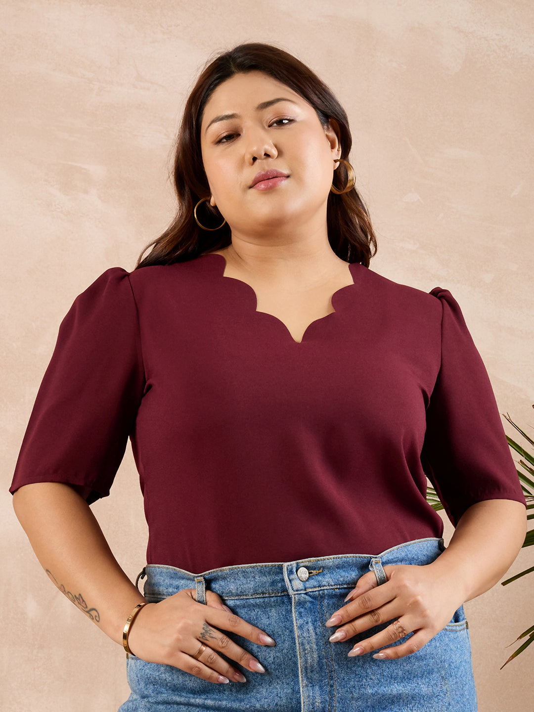 Women Solid Maroon V Neck Puff Sleeves Scalloped Trim Straight Hem Regular Top Berrylush Curve 2717