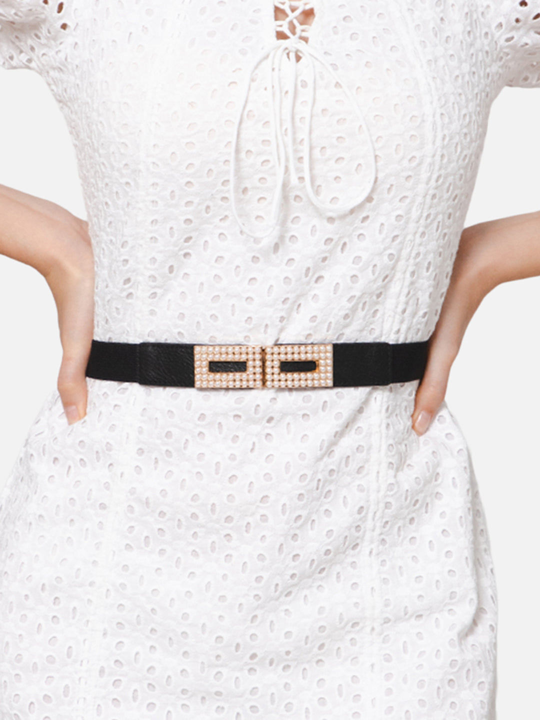 Berrylush Women Solid Black Golden Embellished Pearl Studded PU Nylon  Interlock Regular Slim Belt