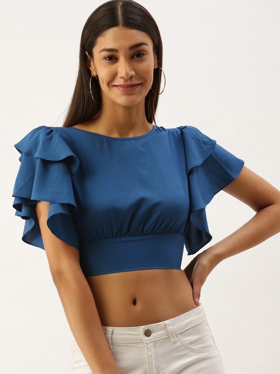 Berrylush Women Solid Blue Open-Back Blouson Crop Top