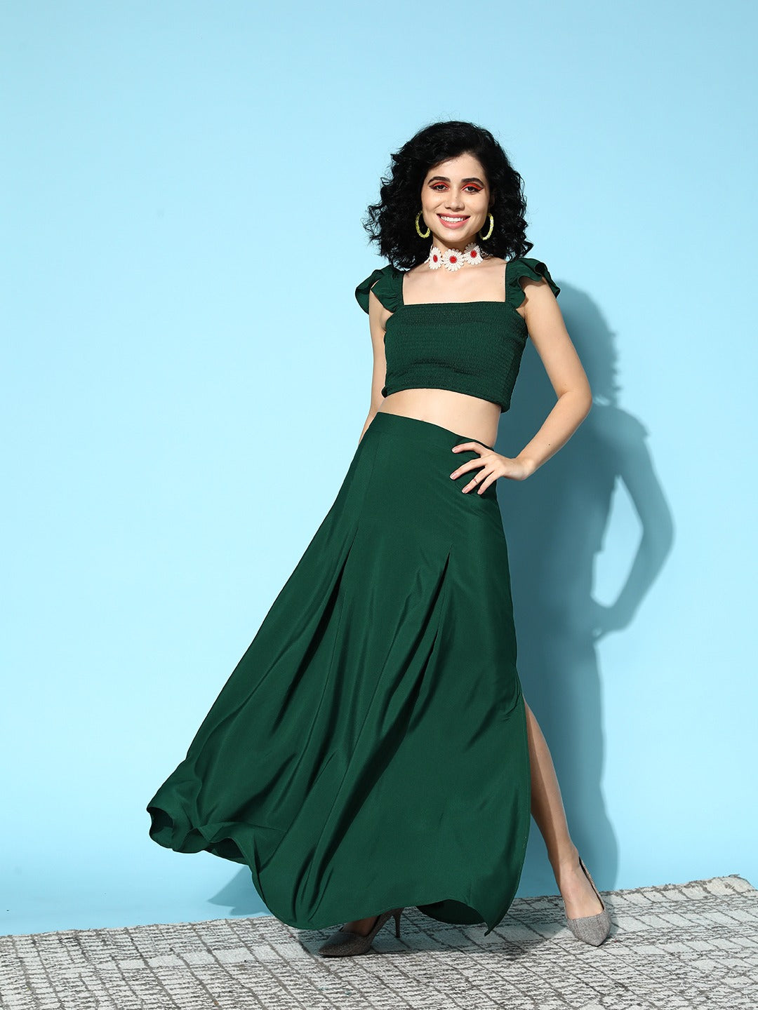 Berrylush Women Solid Green Square Neck Smocked Crop Top & Thigh-High Slit  Maxi Skirt Co-Ord Dress
