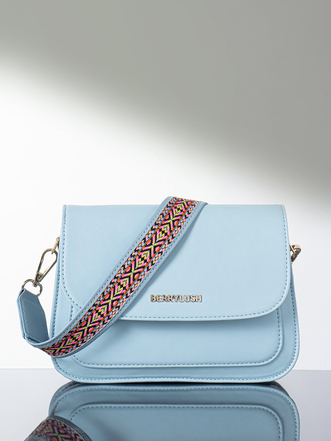 Women Solid Blue PU Detachable Sling Strap Geometric Pattern