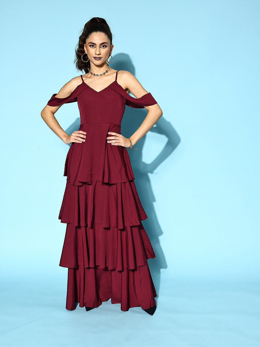 Berrylush Women Solid Maroon V-Neck Cold-Shoulder Flounce Hem Layered  A-Line Maxi Dress