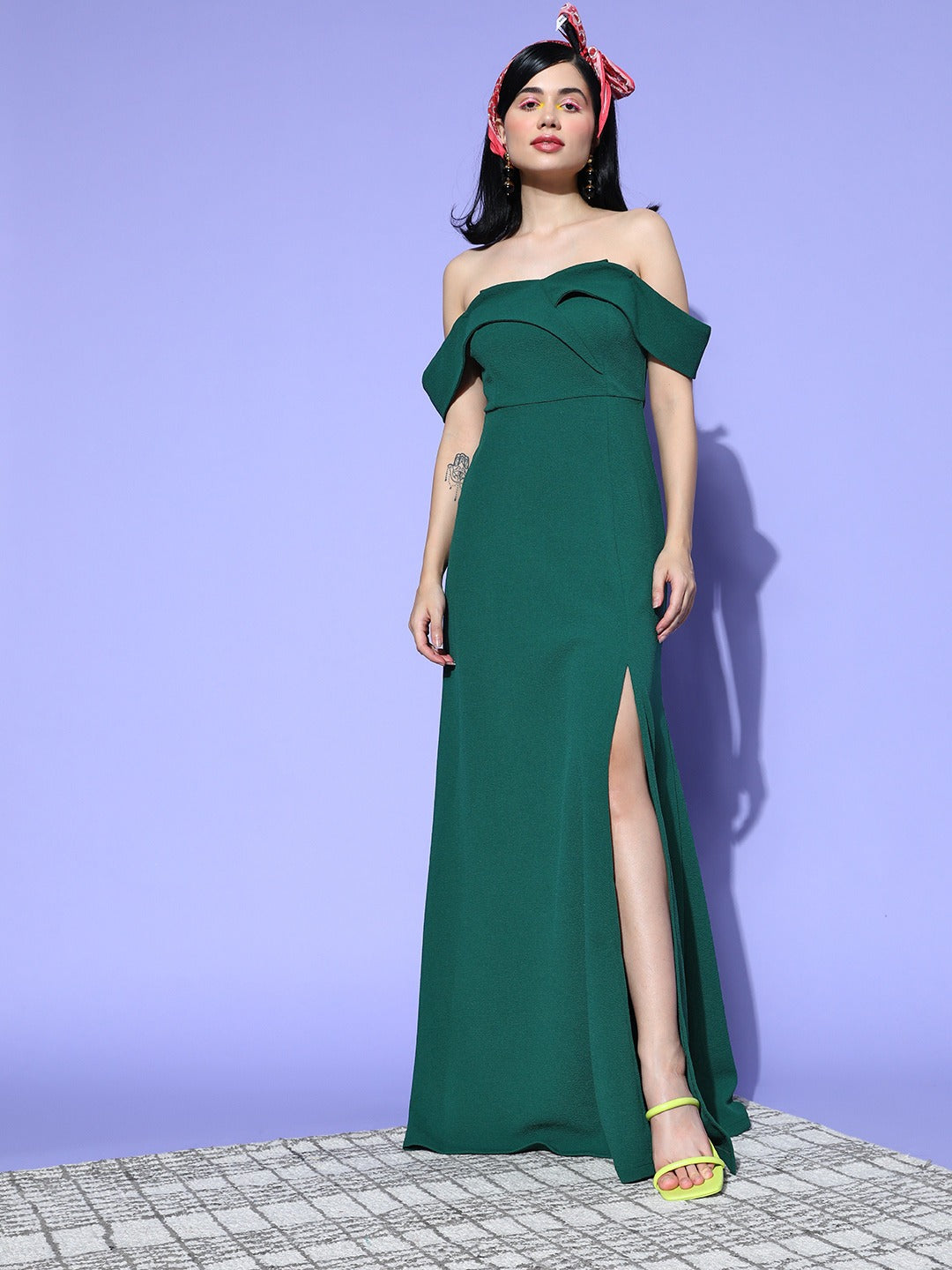 Women Solid Green Off-Shoulder Neck Crepe Thigh-High Slit Flared A-Line  Maxi Dress - Berrylush