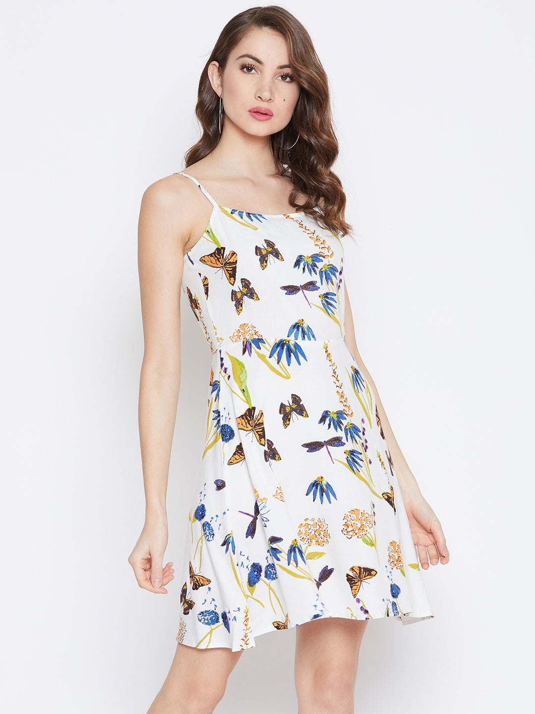 Sleeveless Fit & Flare Fold Over Neck Women Dress With Pocket in Botanical  Butterfly
