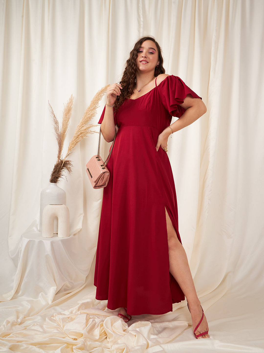 Women Plus Size Solid Red Off-Shoulder Neck Cold-Shoulder Sleeve Thigh-High  Slit Flared Maxi Dress - Berrylush