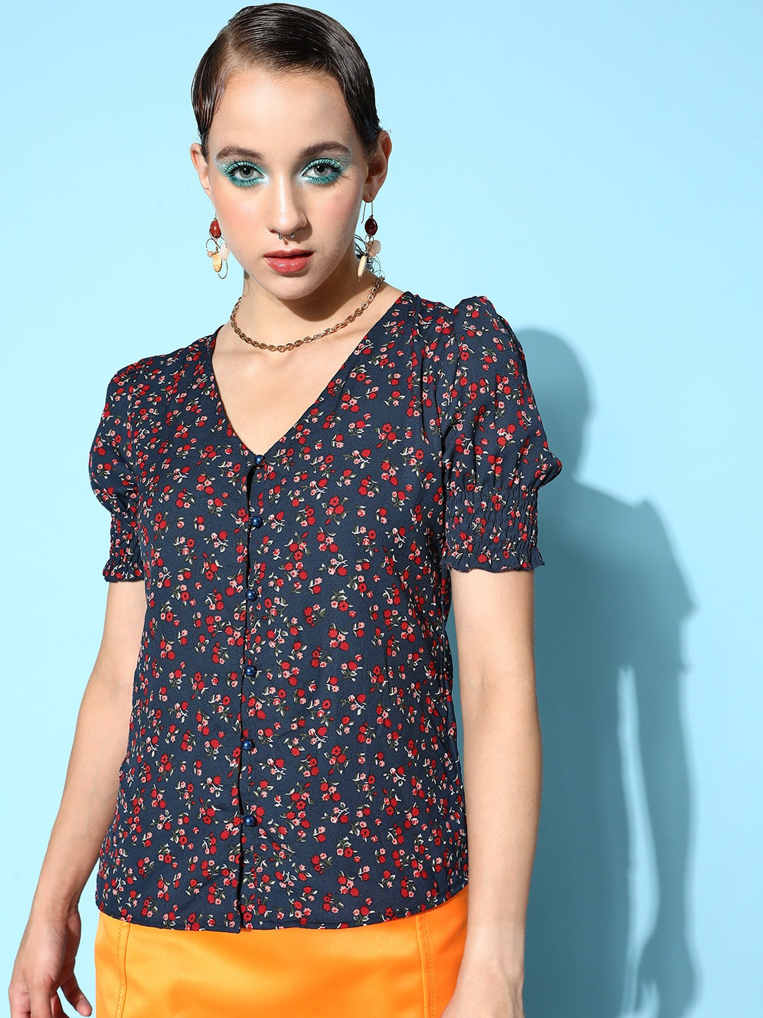 Women Navy Blue And Pink Floral Printed V Neck Front Button Up Crepe Smocked Top Berrylush 5960