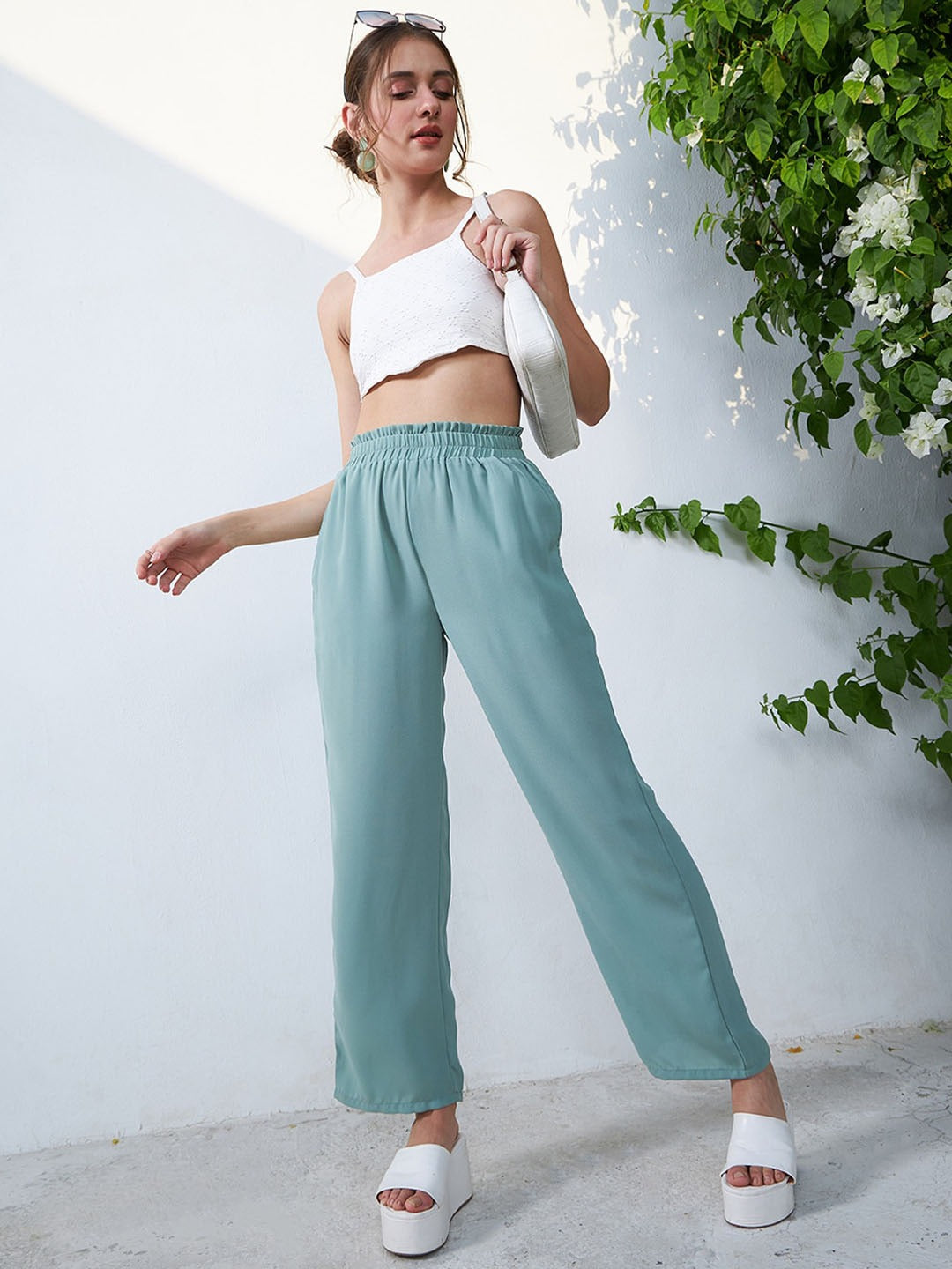 Buy AND Natural Solid Loose Fit Polyester Womens Trousers