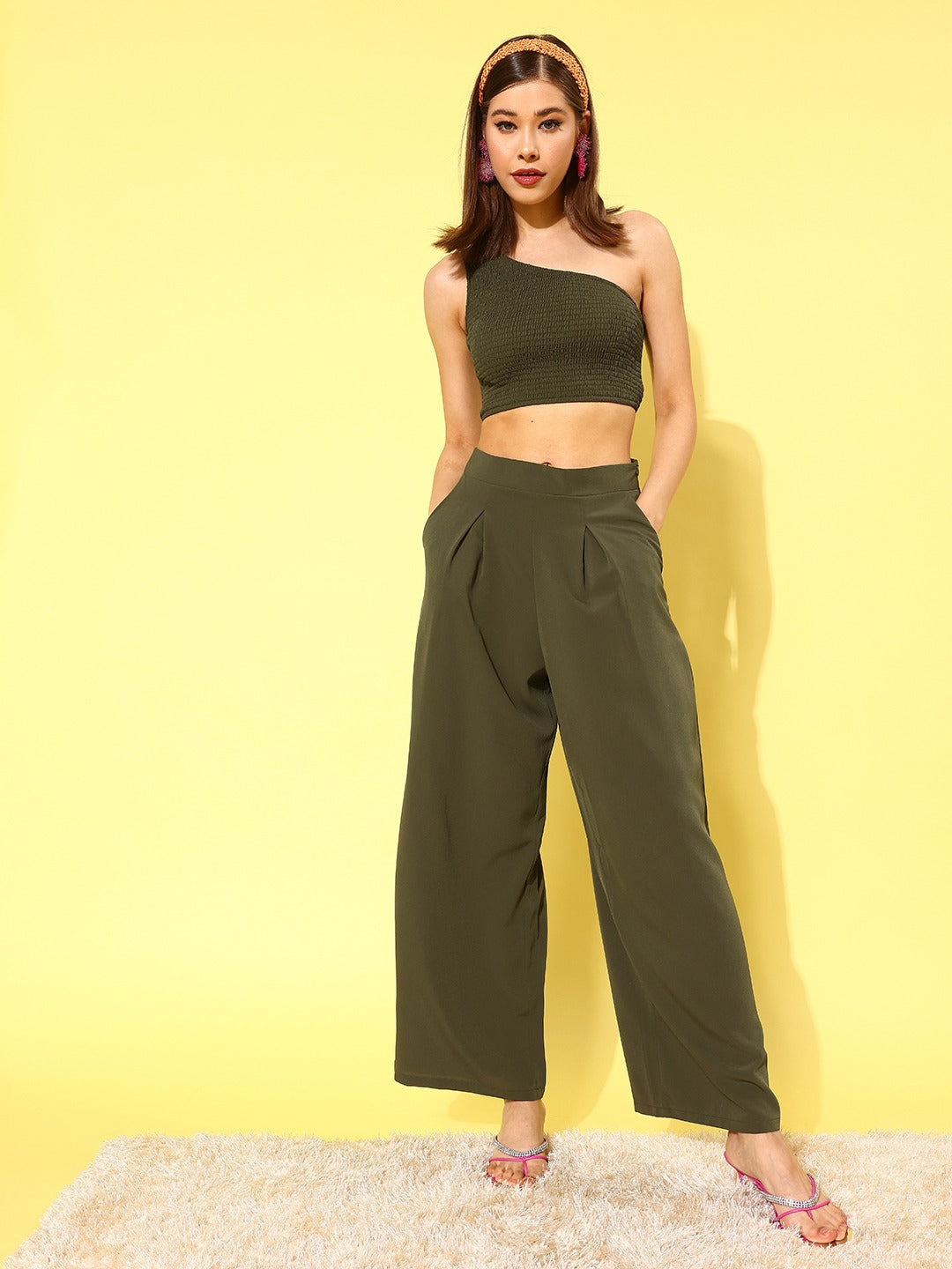 Berrylush Women Solid Olive One-Shoulder Neck Sleeveless Slip-On Smocked  Crop Top & Wide-Leg Trousers Co-Ord Set