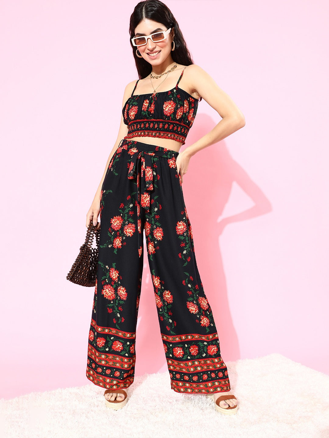 Berrylush Women Navy Blue & Red Floral Printed Cami Top & Trousers Set