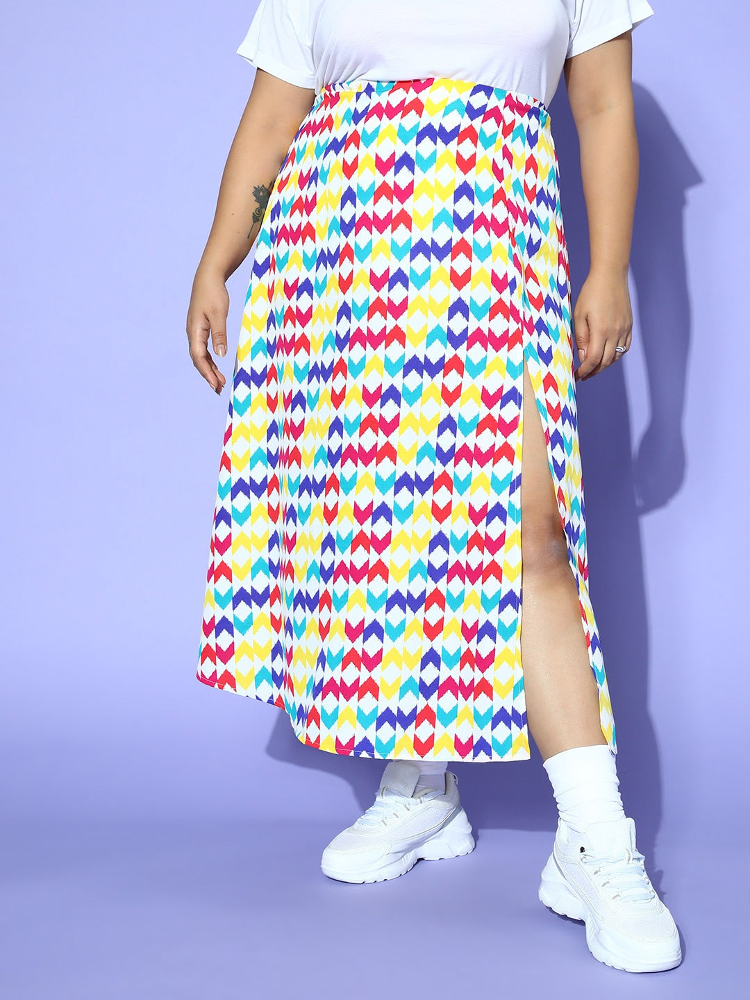Women Plus Size White & Multicolour Geometric Printed Crepe Slip-On Thigh-High  Slit Midi Skirt - Berrylush