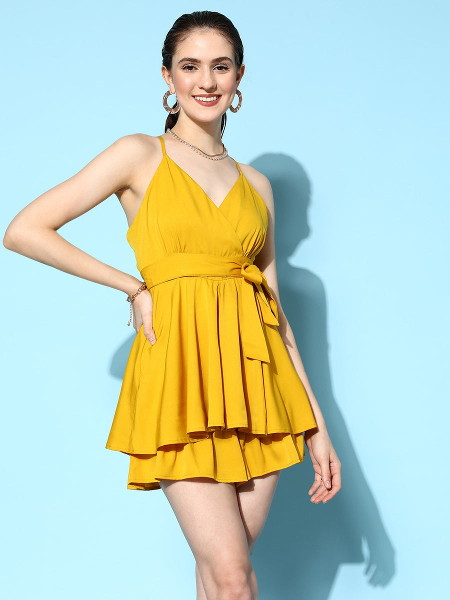 BETSEY JOHNSON Tiered Trapeze Crinkle-Knit Backless Halter Yellow Dress  Size XL