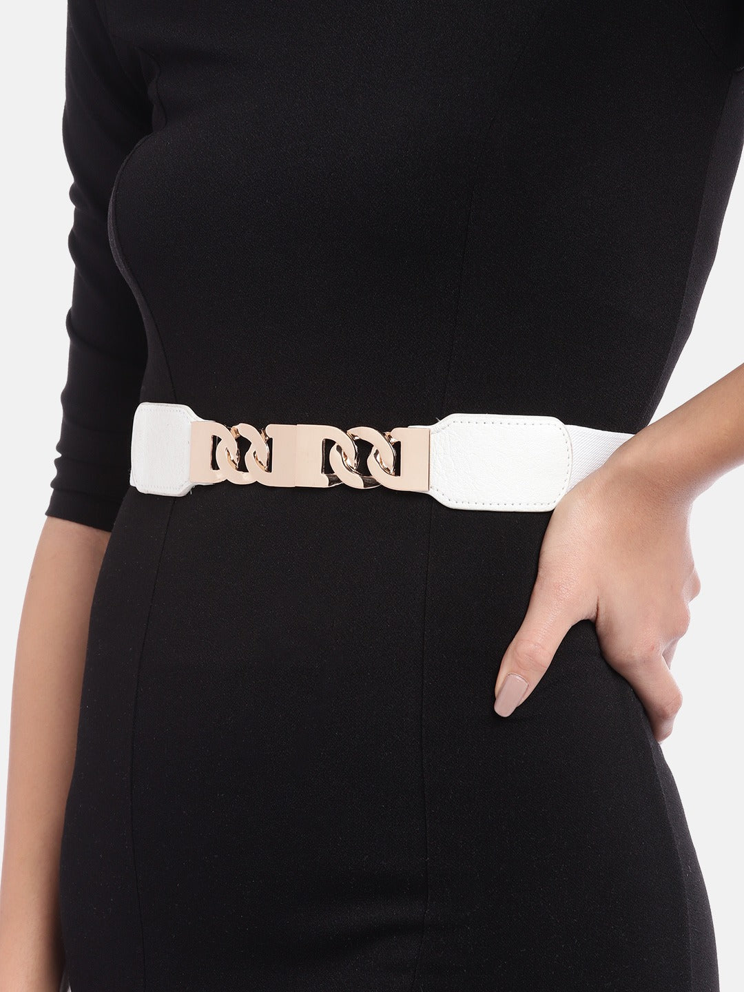 Berrylush Women Black Elastic Strap Two Chain Buckle Belt