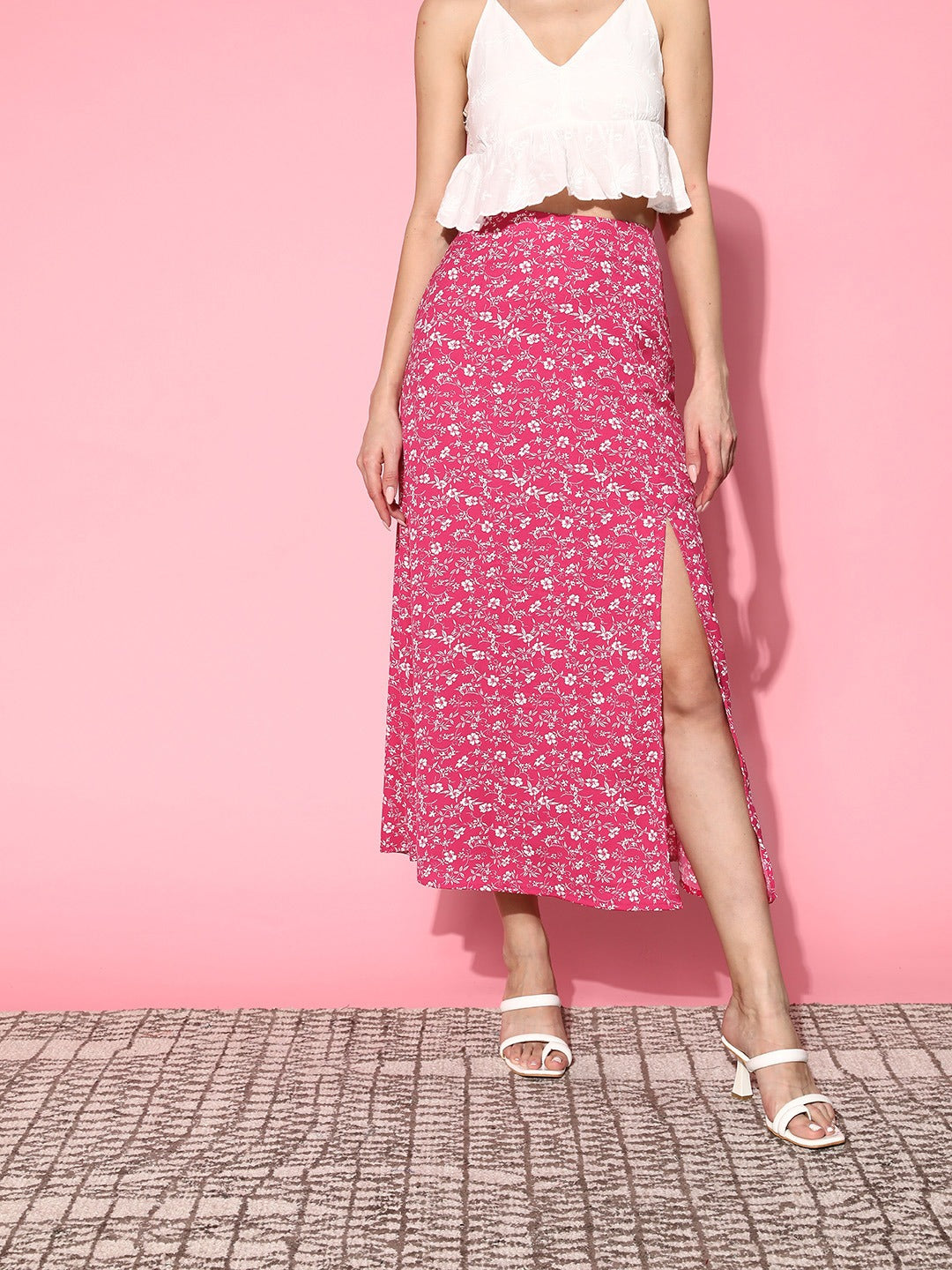 Women Plus Size Red & Green Tropical Print One-Shoulder Neck Thigh-High  Slit Crop Top & Maxi Skirt Set - Berrylush