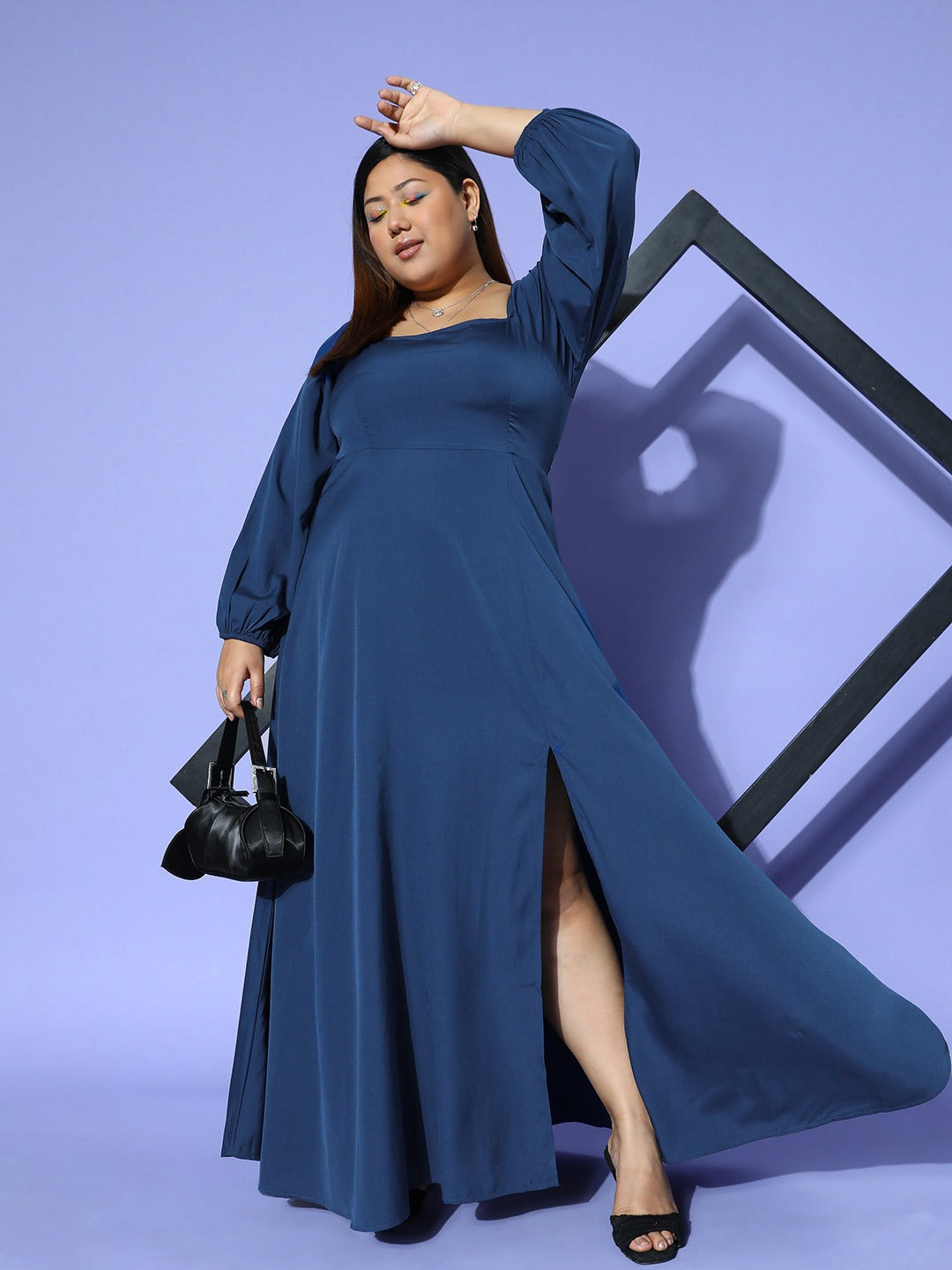 Women Plus Size Solid Blue Square Neck Crepe Zipper-Up Thigh-High