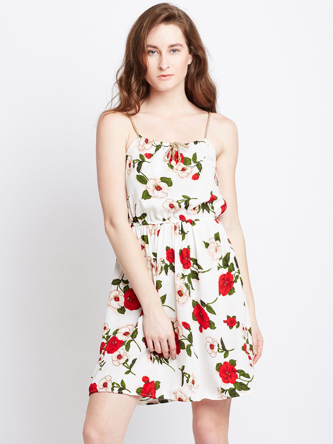 Berrylush Women Red & White Floral Printed Square Neck Sleeveless Flar