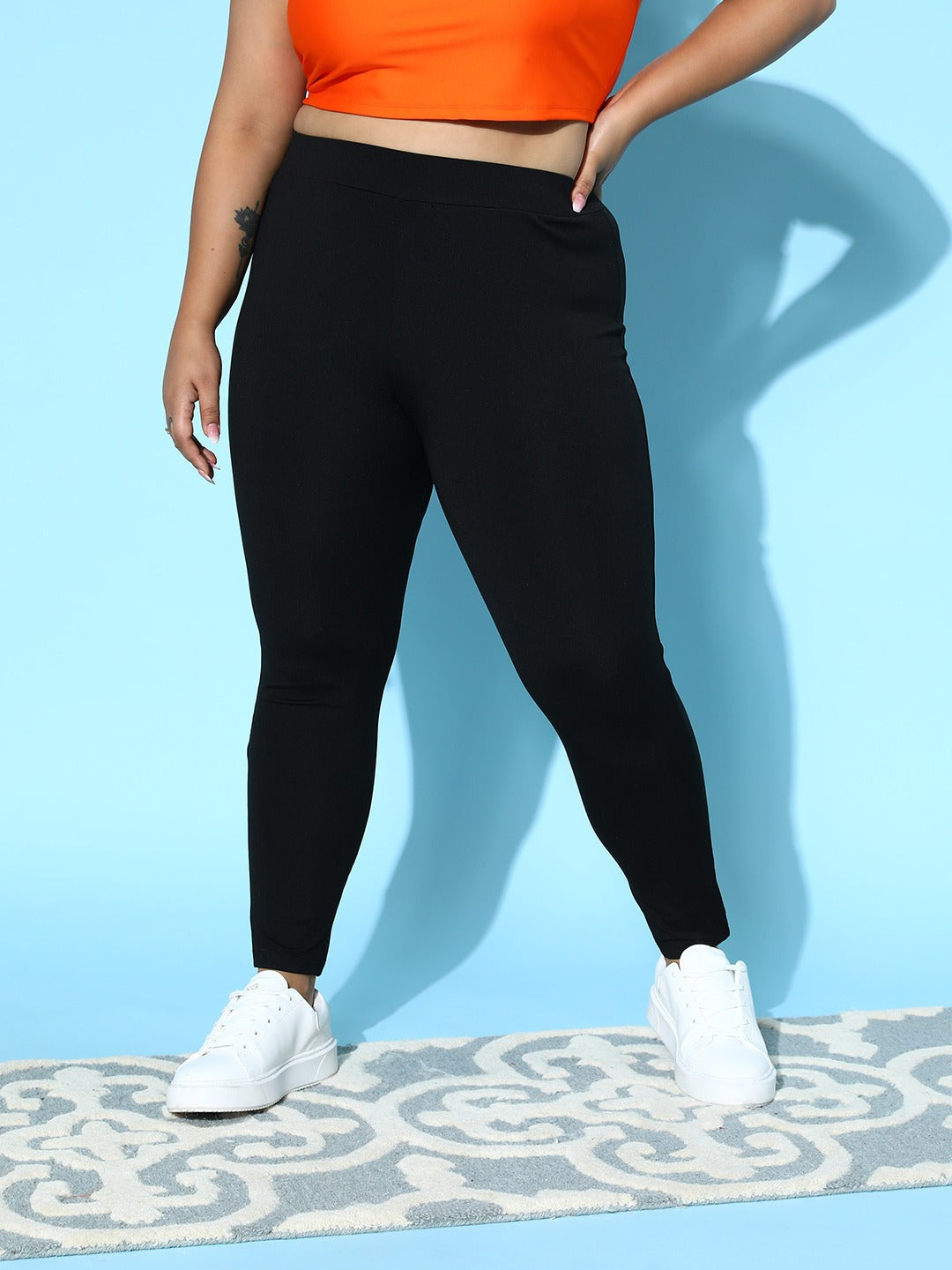Berrylush Women Plus Size Solid Black High-Rise Elastic Waist Polyester  Blend Slip-On Sports Tights