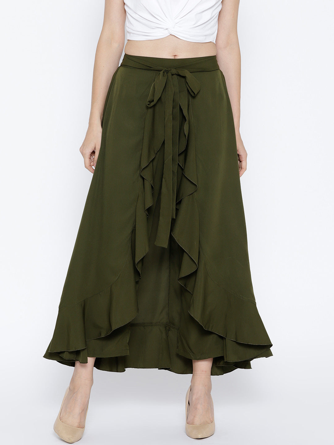 Berrylush Women Solid Olive Green Waist Tie Up Ruffled Maxi Skirt with