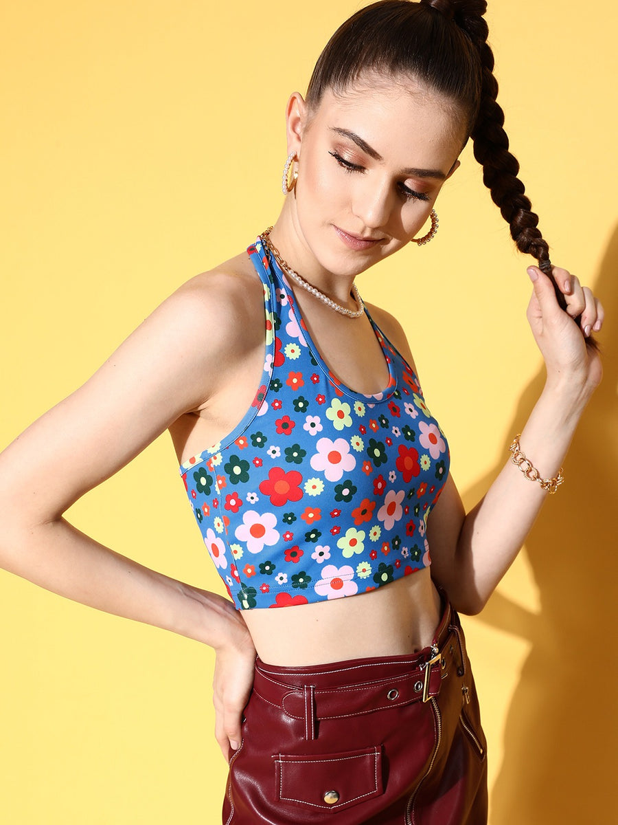 Pastel Blue Floral Print Halter Neck Crop Top