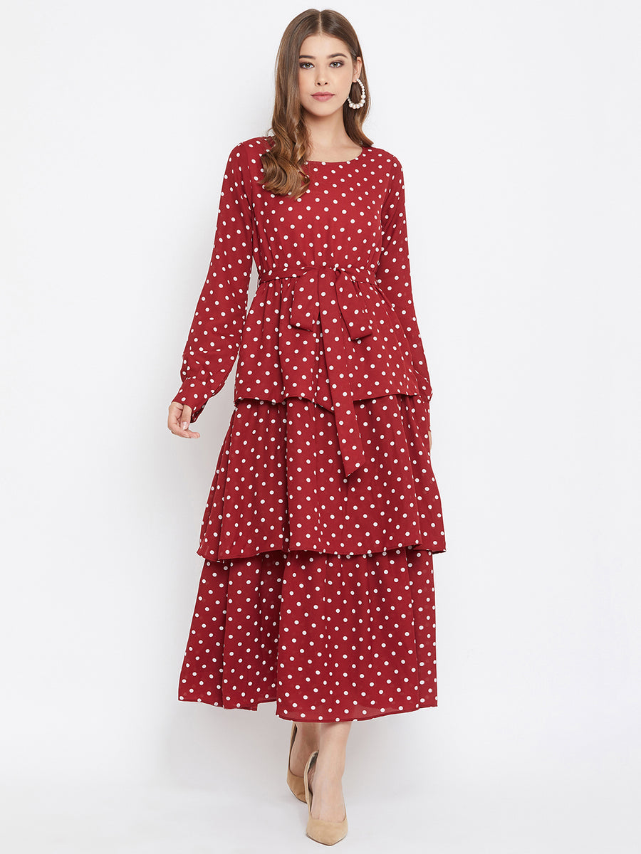 Berrylush Women Red Polka Dot Printed Round-Neck Tiered Fit