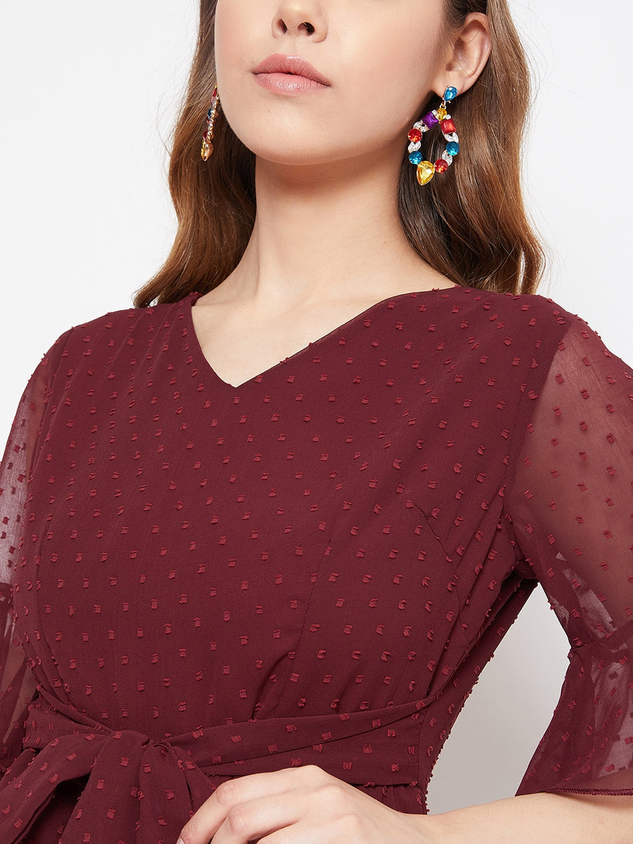 Women Maroon Self-Design Pattern V-Neck Net Puff Sleeve Smocked Fit & Flare  Mini Dress - Berrylush