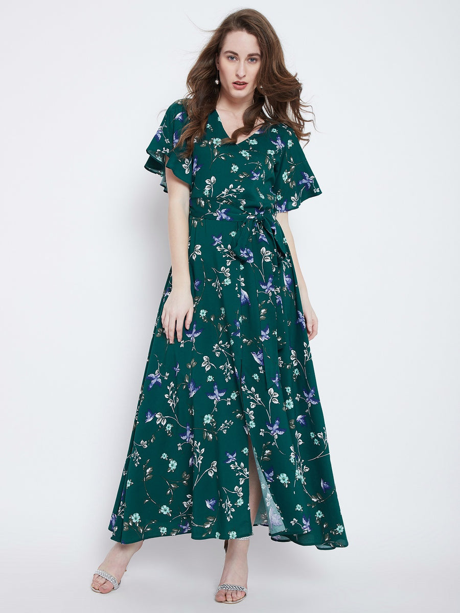 Berrylush Women Green Self-Design Pattern Square-Neck Maxi Dress