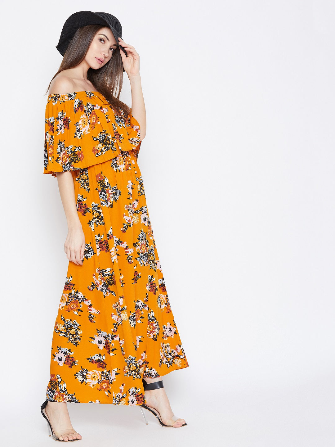 Berrylush Women Mustard Yellow Floral Printed Off-Shoulder Neck Layered  Maxi Dress