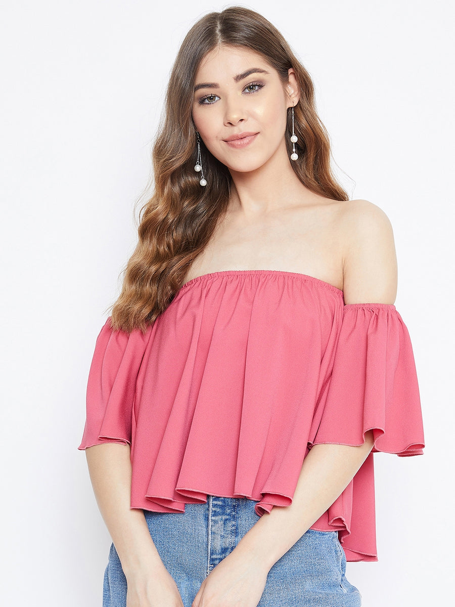 A Bouquet of Roses Bardot Top Baby Pink off Shoulder Crop Top 3D