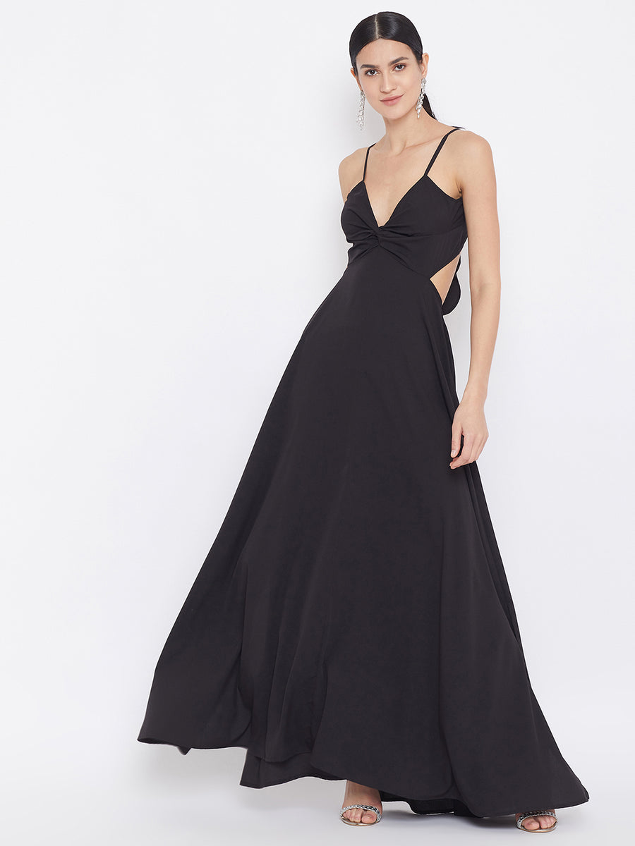 Strappy black long dress, deep V-neck, bare back, cinched, Yggdrazil Lazüli