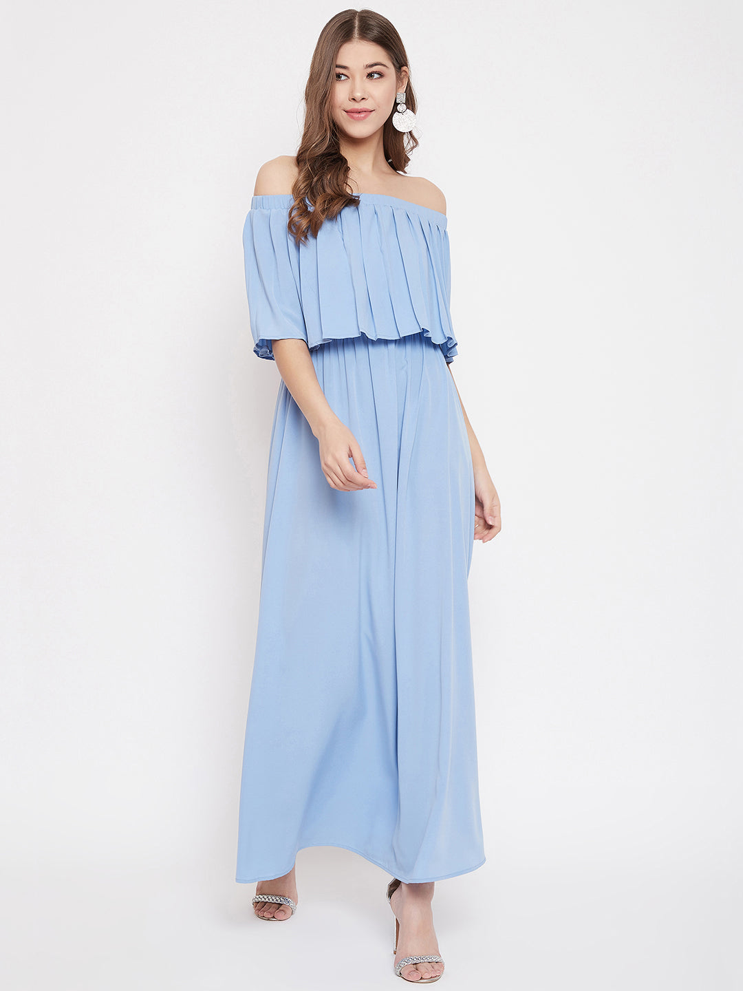 JWZUY Women's Solid Color Bra Off Shoulder Dress Waist Pleated Dress Dress  Large Swing Ball Dress Blue S