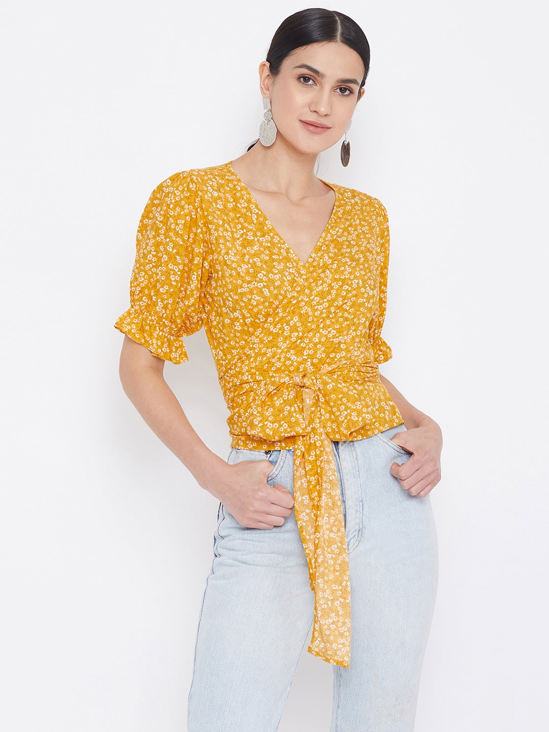 Yellow floral hot sale tie front top