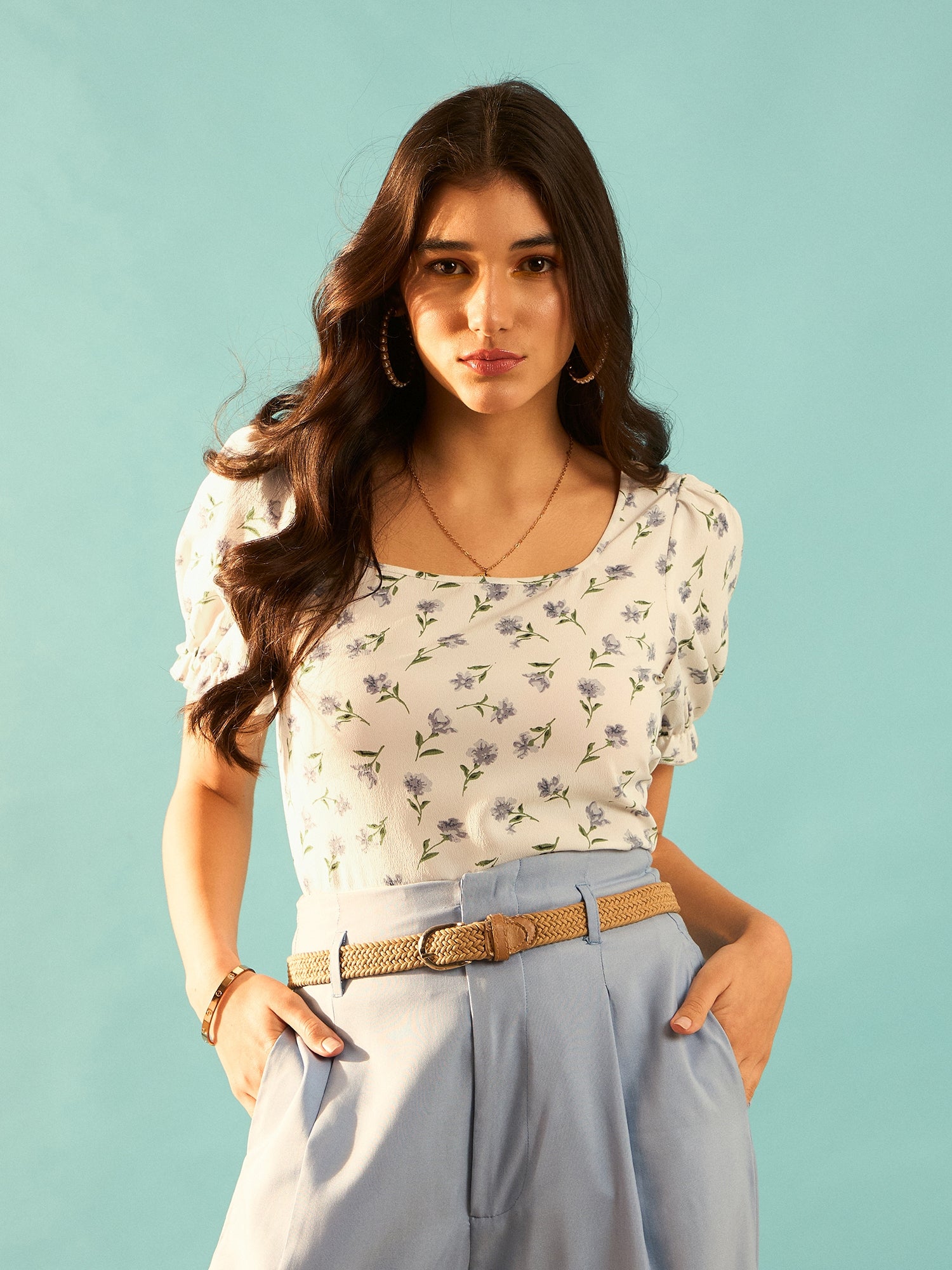 Berrylush Women White & Blue Ditsy Floral Printed Square Neck Puff Sleeves Slip-On Regular Blouse