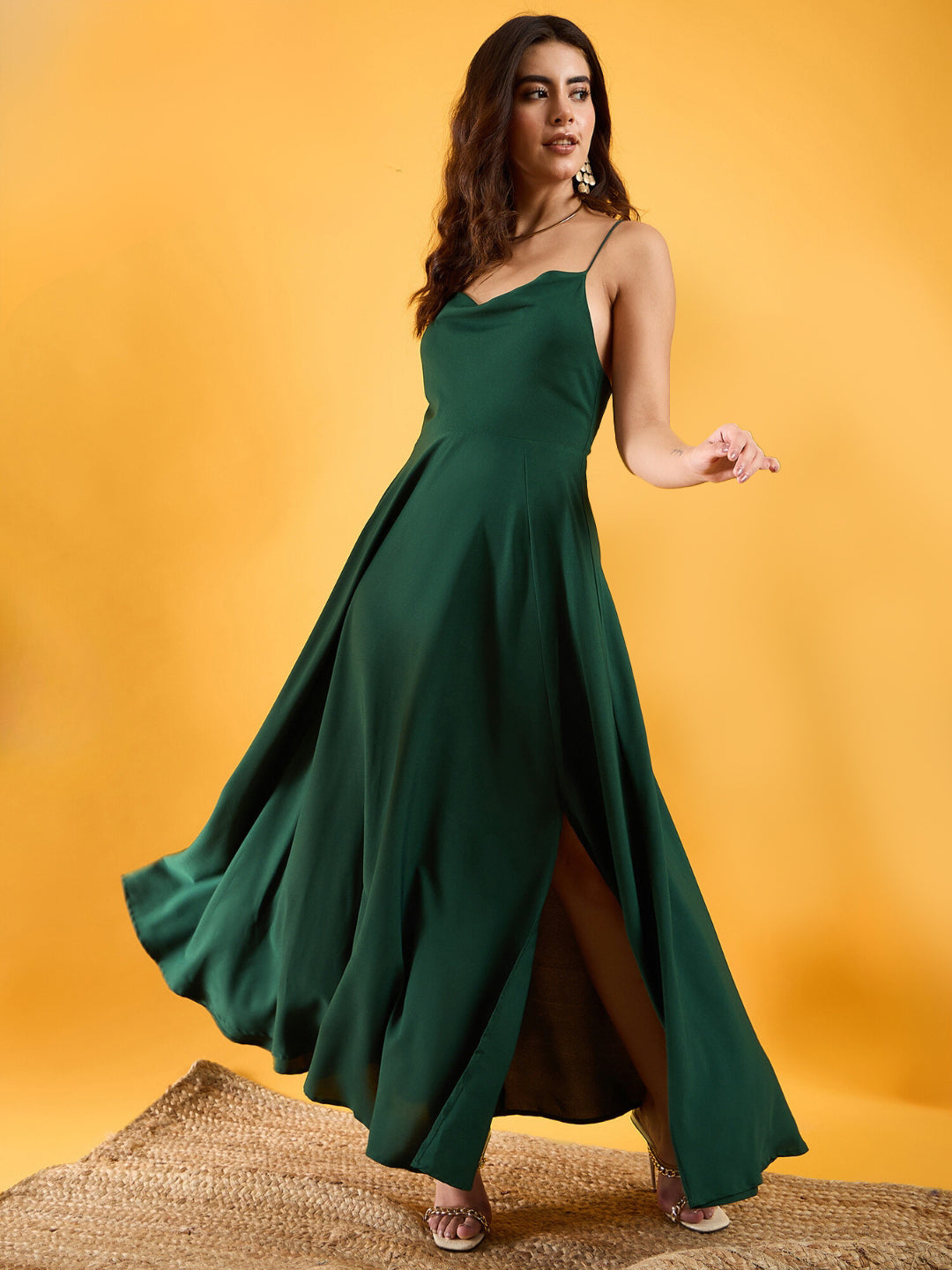 Berrylush Women Green Solid Cowl Neck Shoulder Straps Lace Up Maxi Dress