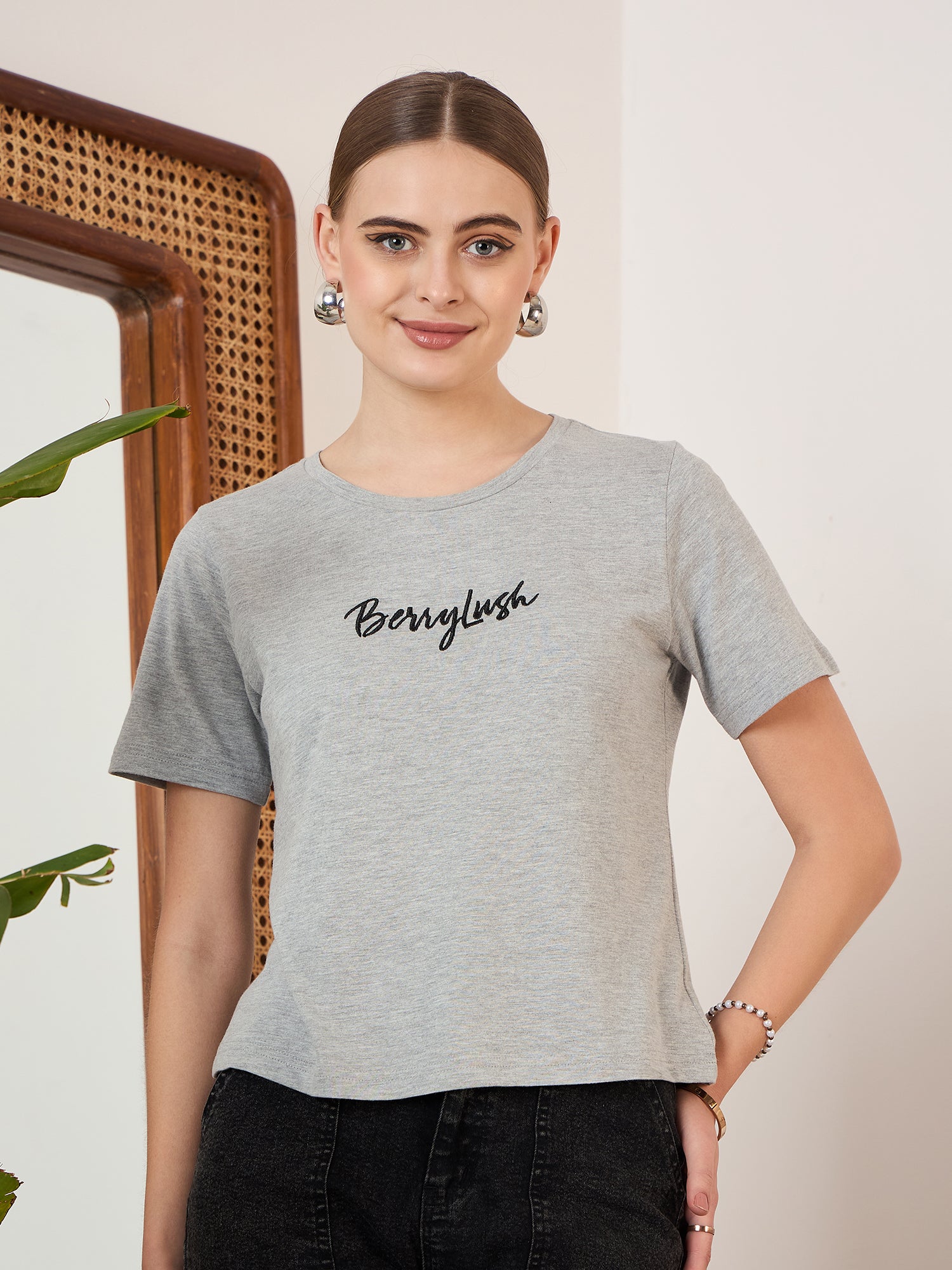 Berrylush Women Solid Grey Round Neck Front Brand Logo Short Sleeves Knitted Regular T-Shirt