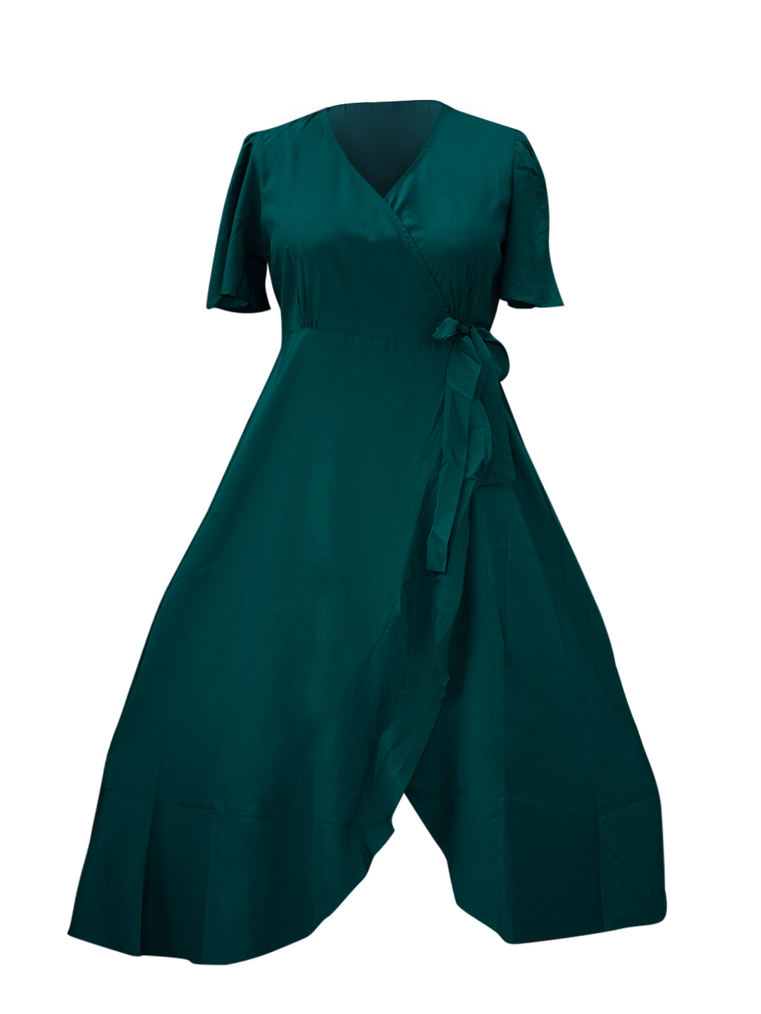 Berrylush Curve Women Green Solid V-Neck Flared Sleeves Wrap Maxi Dress