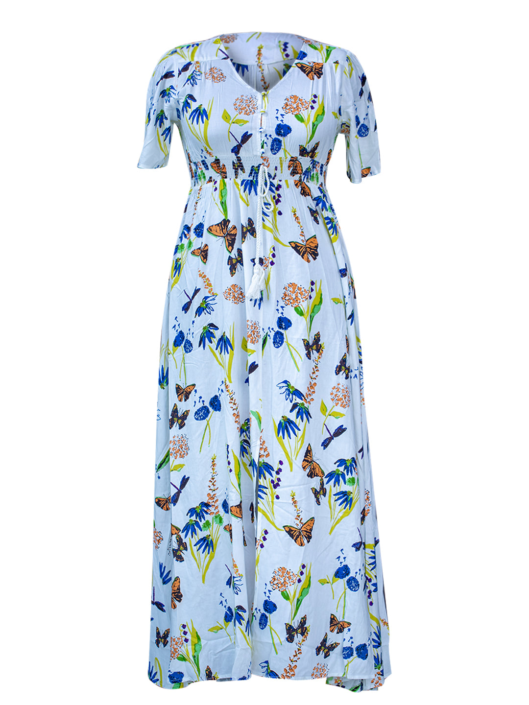 Berrylush Curve Women White Floral Print V-Neck Short Sleeve A-Line Maxi Dress