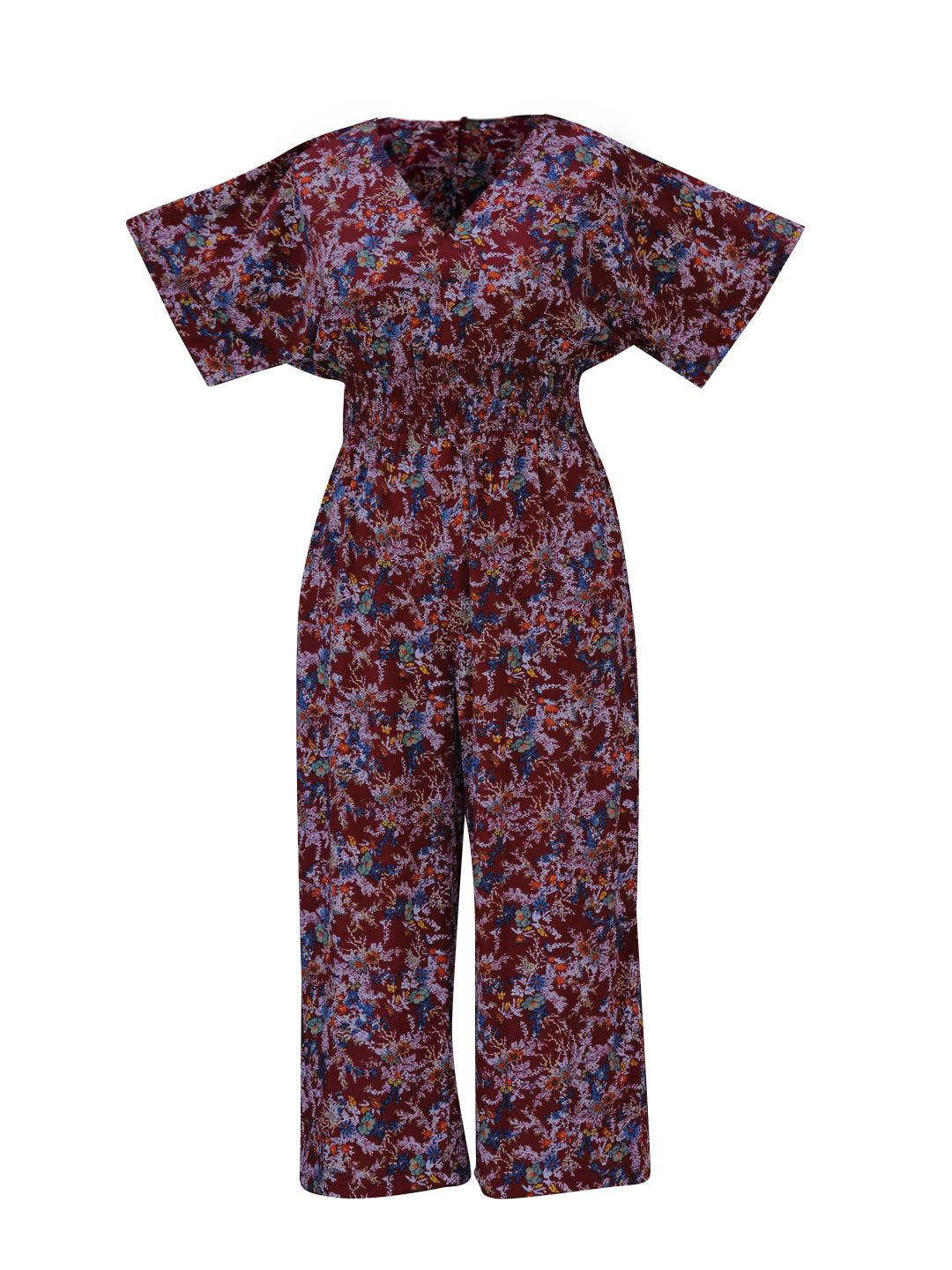 Berrylush Curve Women Maroon Floral Print V-Neck Sleeveless Basic Jumpsuit