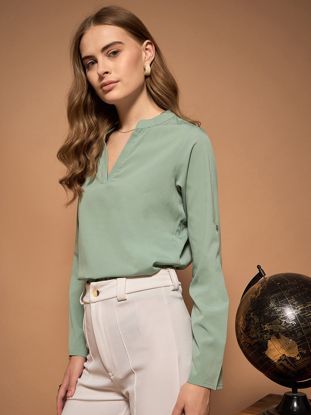 Berrylush BIZwear Women Solid Green Mandarin Collar Neck Long Sleeves Curved Hem Regular Shirt