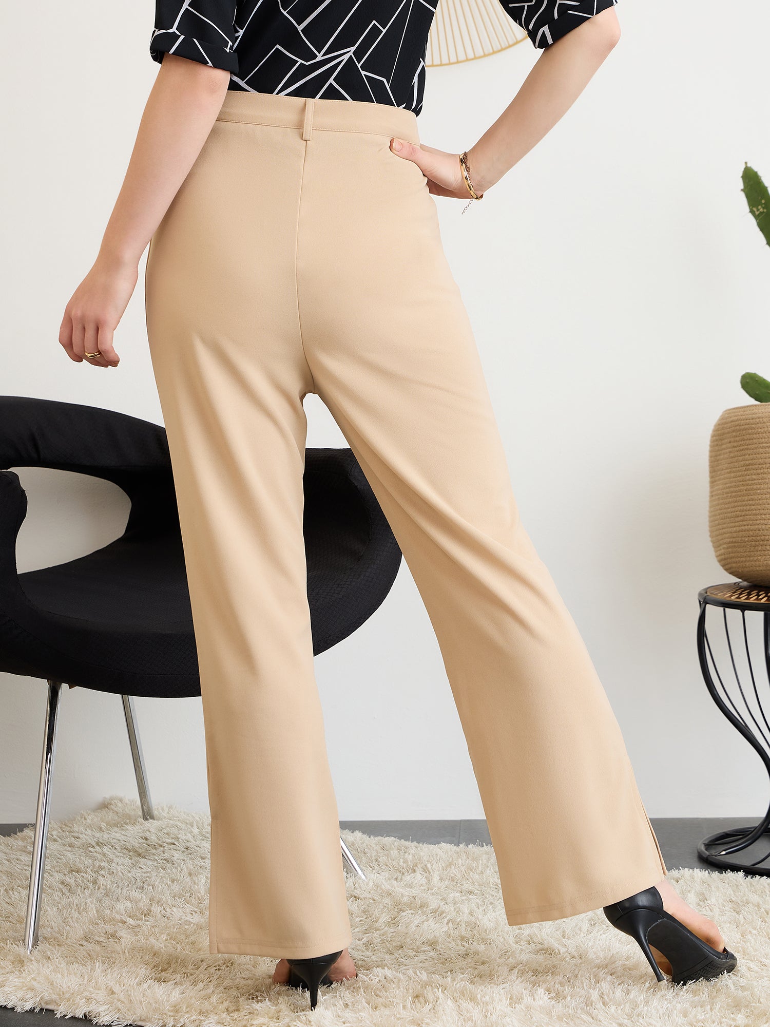 Berrylush BIZwear Women Solid Beige High-Rise Waist Straight-Leg Front-Pleat Knitted Regular Trousers