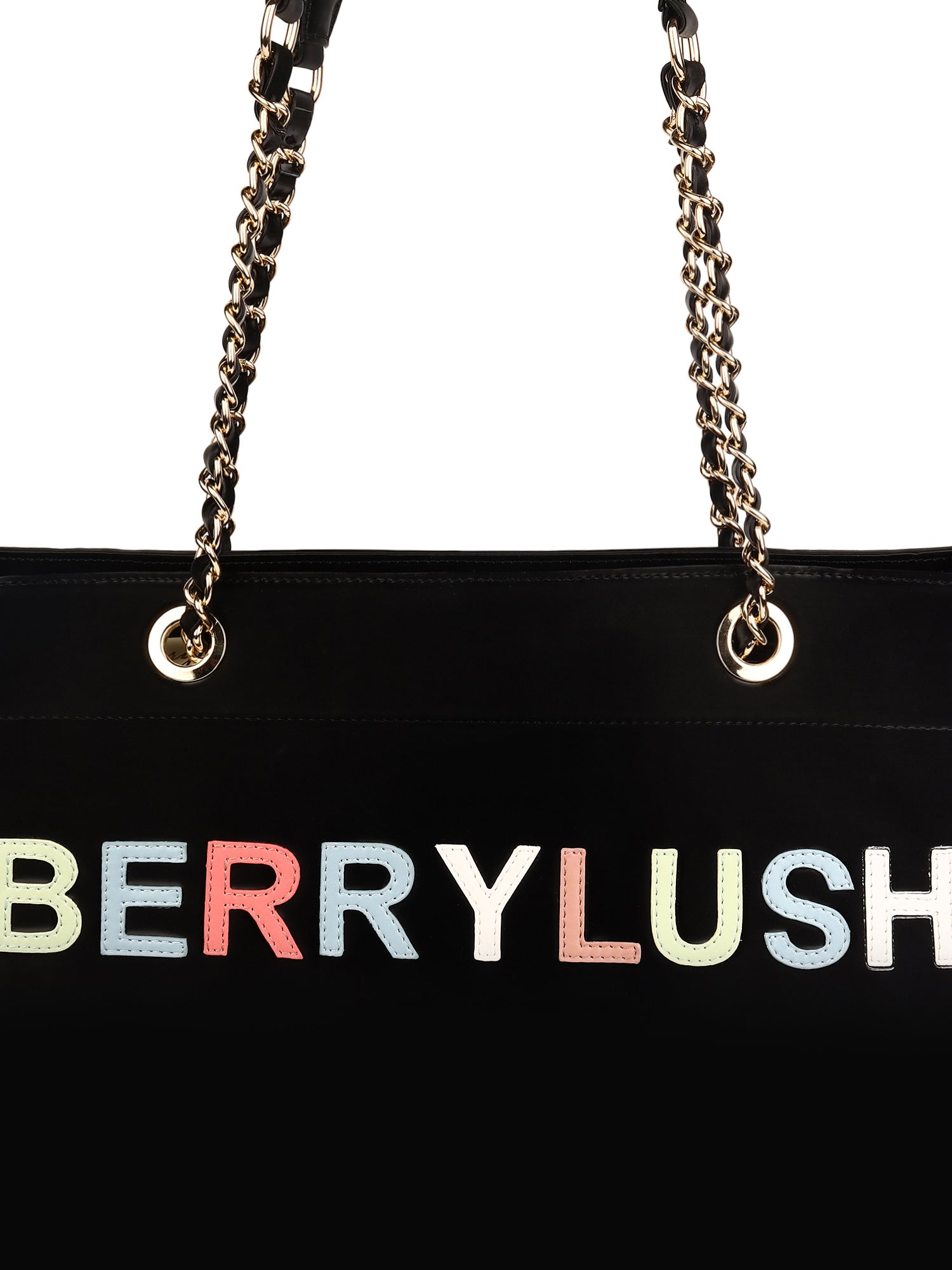 Berrylush Women Black Typography PU Mobile Pouch Embellished Oversized Tote Bag