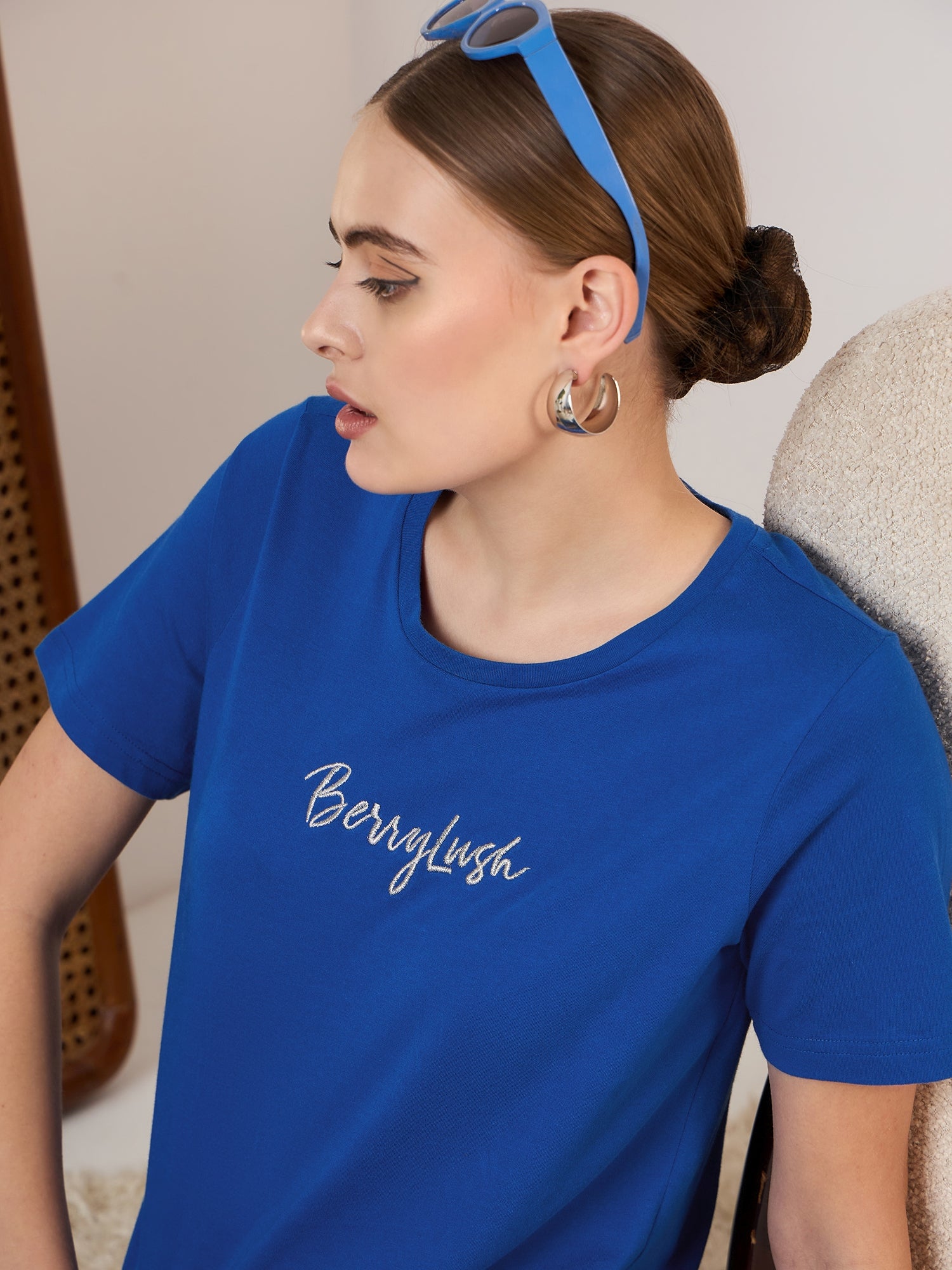 Berrylush Women Solid Blue Round Neck Front Brand Logo Short Sleeves Knitted Regular T-Shirt