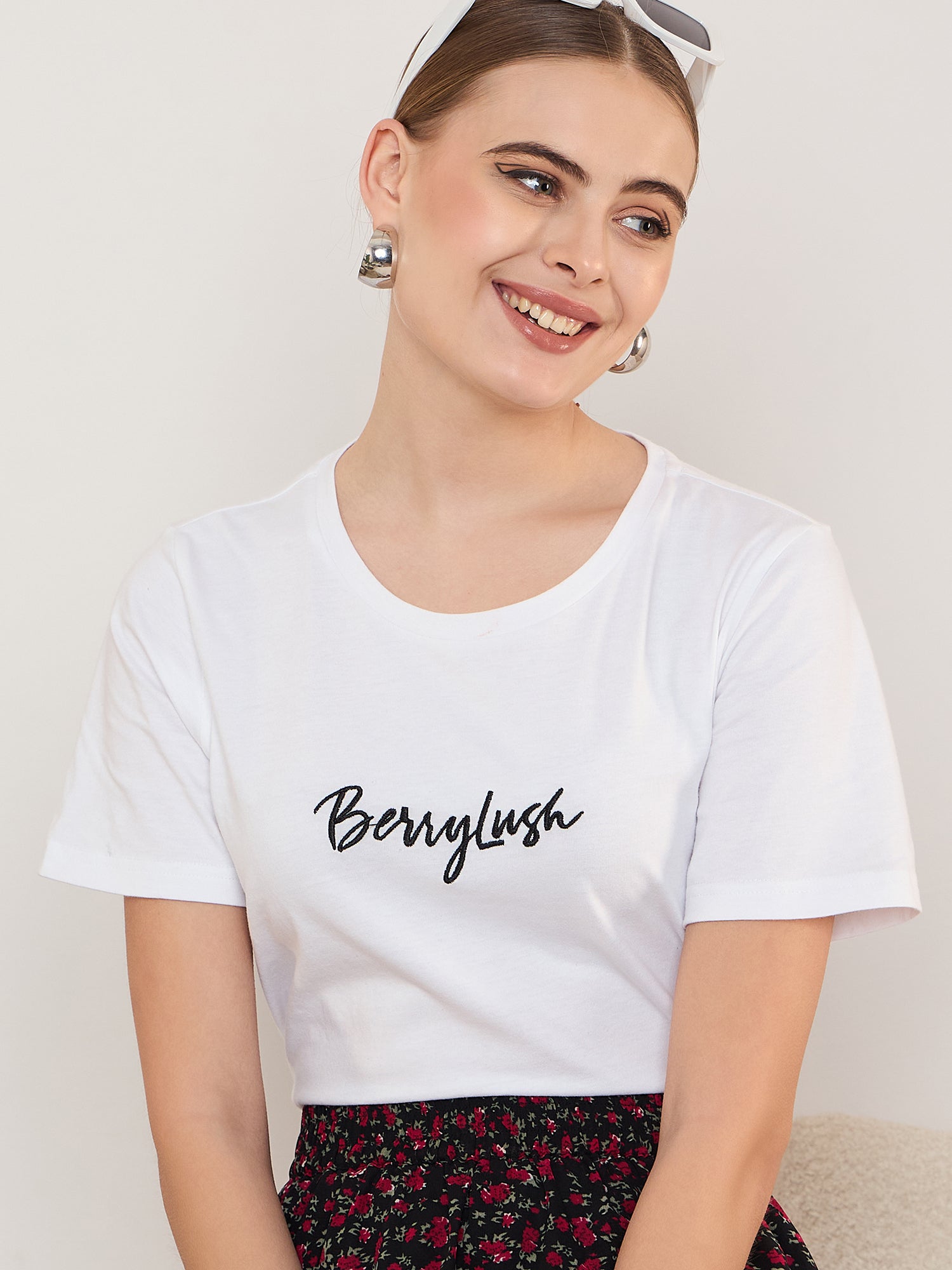 Berrylush Women Solid White Round Neck Front Brand Logo Short Sleeves Knitted Regular T-Shirt