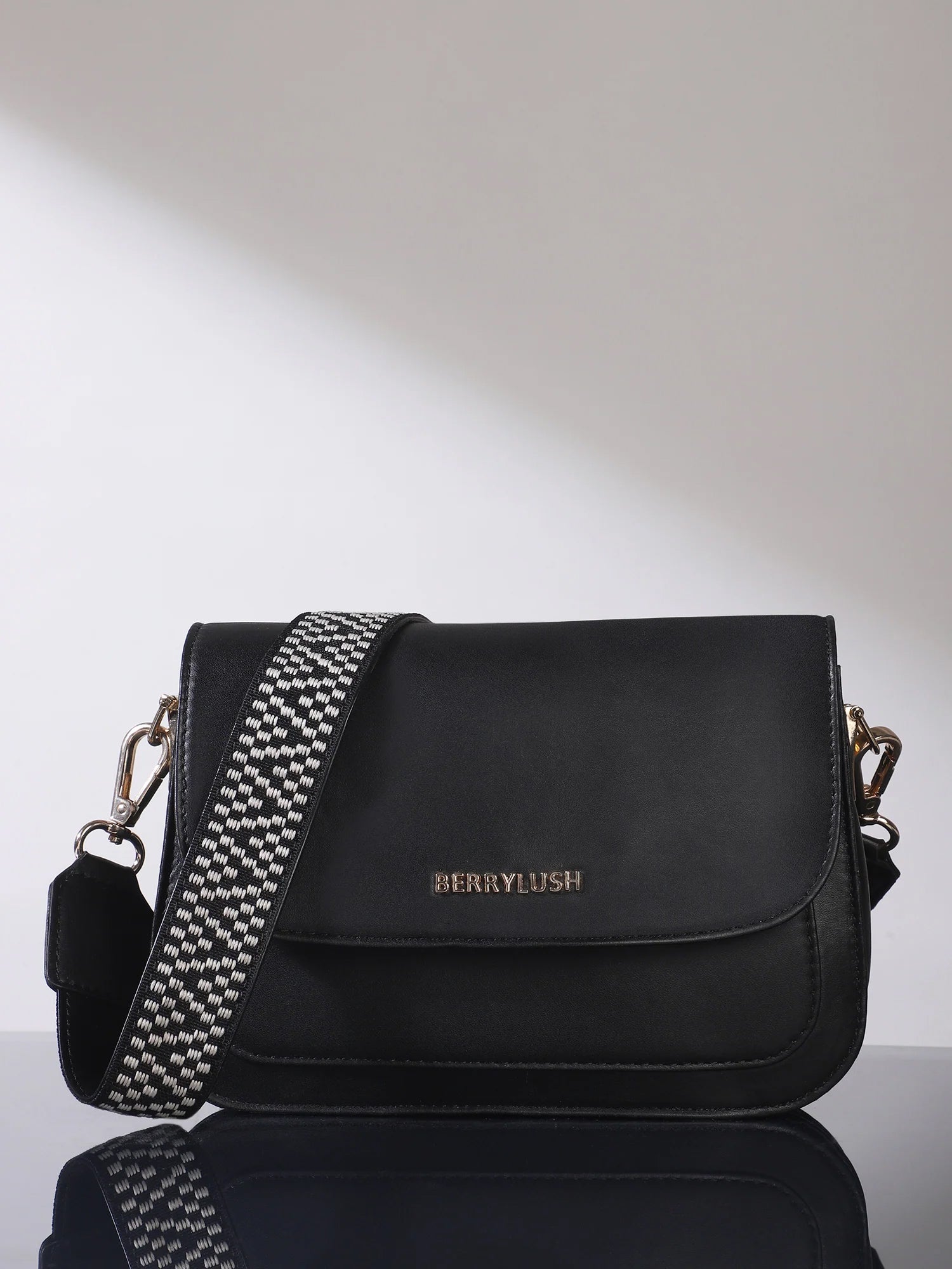 Berrylush Women Solid Black PU Detachable Sling Strap Embellished Structured Regular Sling Bag