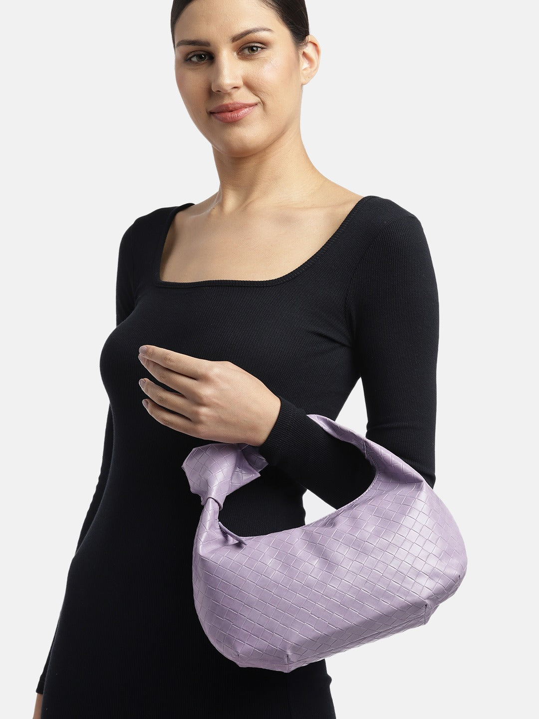 Berrylush Women Purple Textured Pattern Half Moon One Handle Knotted Regular Handheld Bag