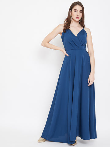 Women Plus Size Solid Blue Off-Shoulder Neck Cold-Shoulder Sleeve  Thigh-High Slit Flared Maxi Dress - Berrylush