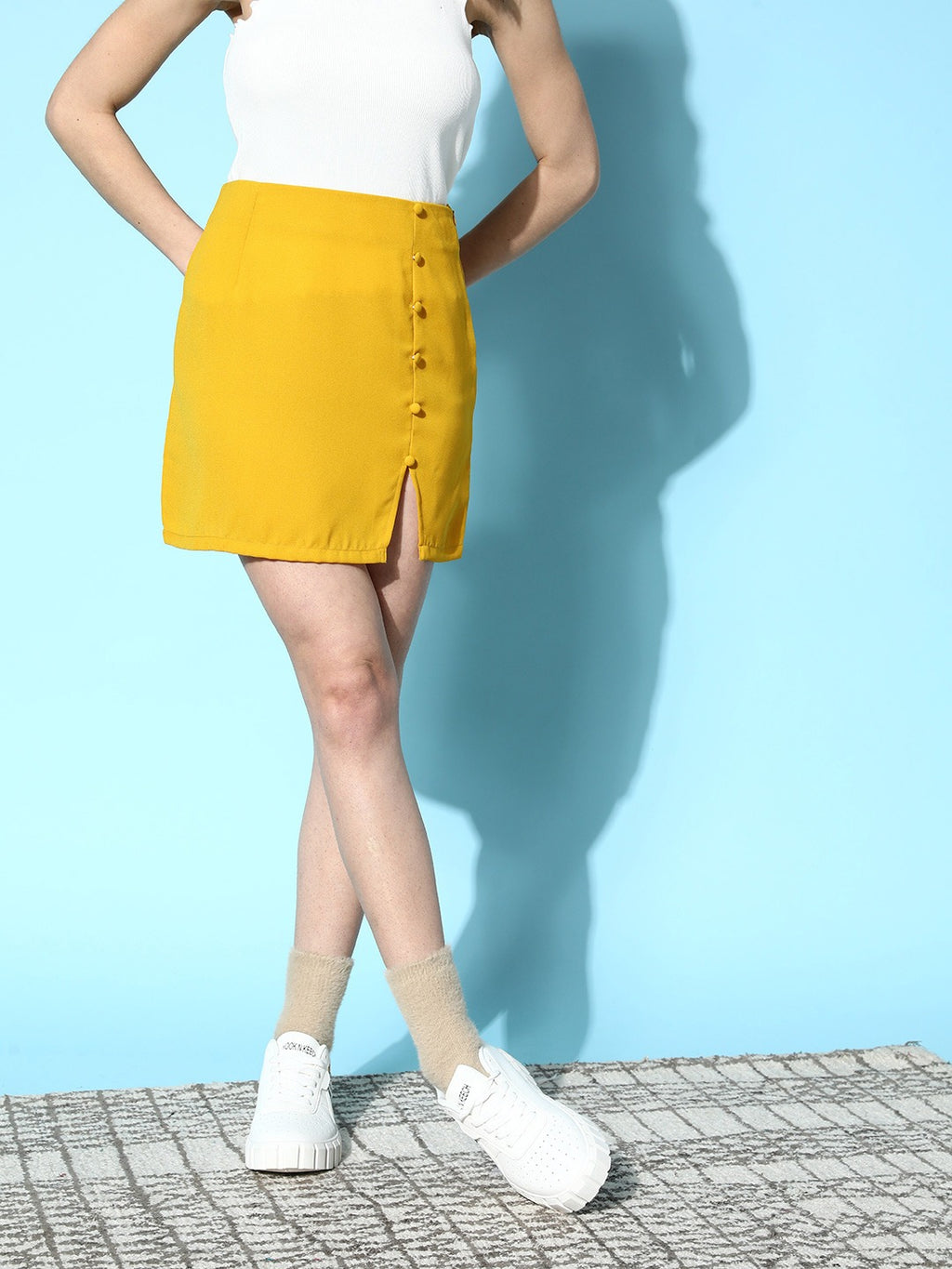 Women Solid Yellow Crepe Straight Hem Front-Slitted Pencil Mini Skirt