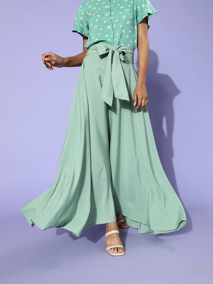 Women Solid Green High-Rise Waist Zipper-Up Cotton Flared A-Line Midi Skirt  - Berrylush