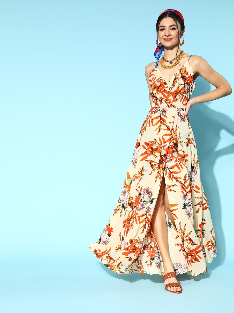 Women Plus Size Orange Floral Printed V-Neck Sleeveless Crepe Thigh-High  Slit Fit & Flare Wrap Maxi Dress - Berrylush