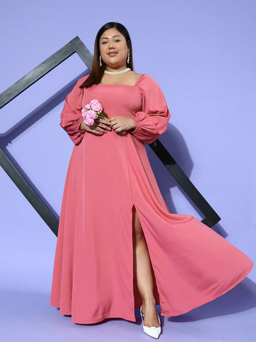 Women Plus Size Solid Pink Square Neck Crepe Zipper-Up Thigh