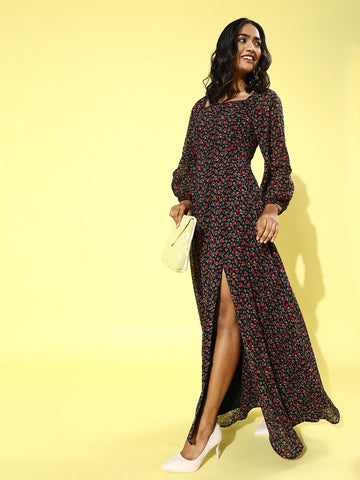 Women Beige & Green Floral Printed Round Neck Bell Sleeves Waist Tie-Up  Crepe Pleated A-Line Maxi Dress - Berrylush